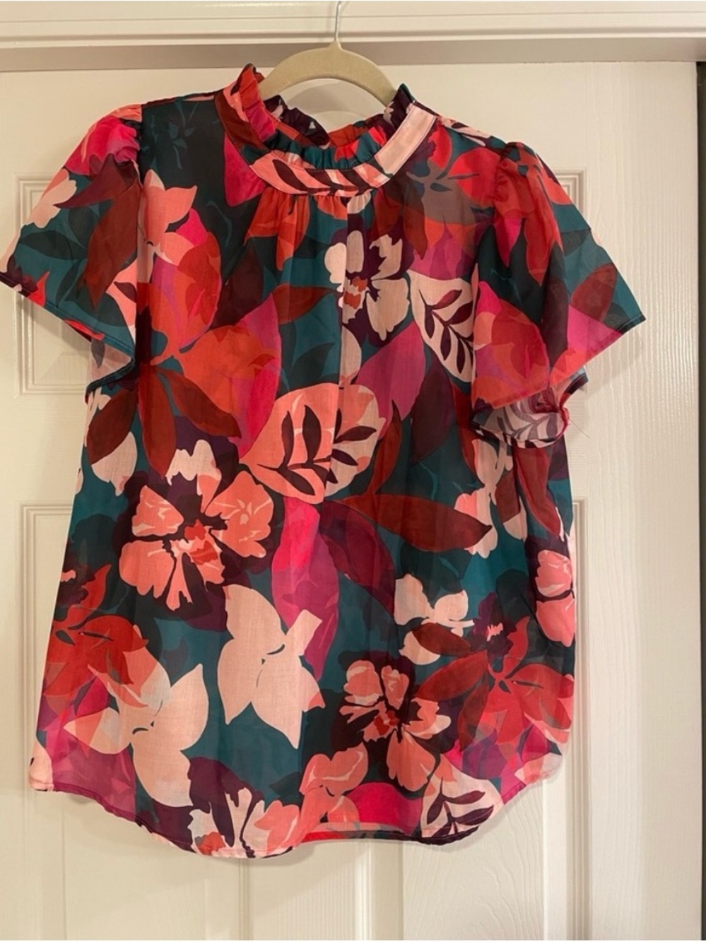 THML Coral, Pink & Teal Floral Ruffle-Neck Blouse